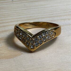 Gold Tone V-Shape Wishbone Ring With Rhinestone Detailing